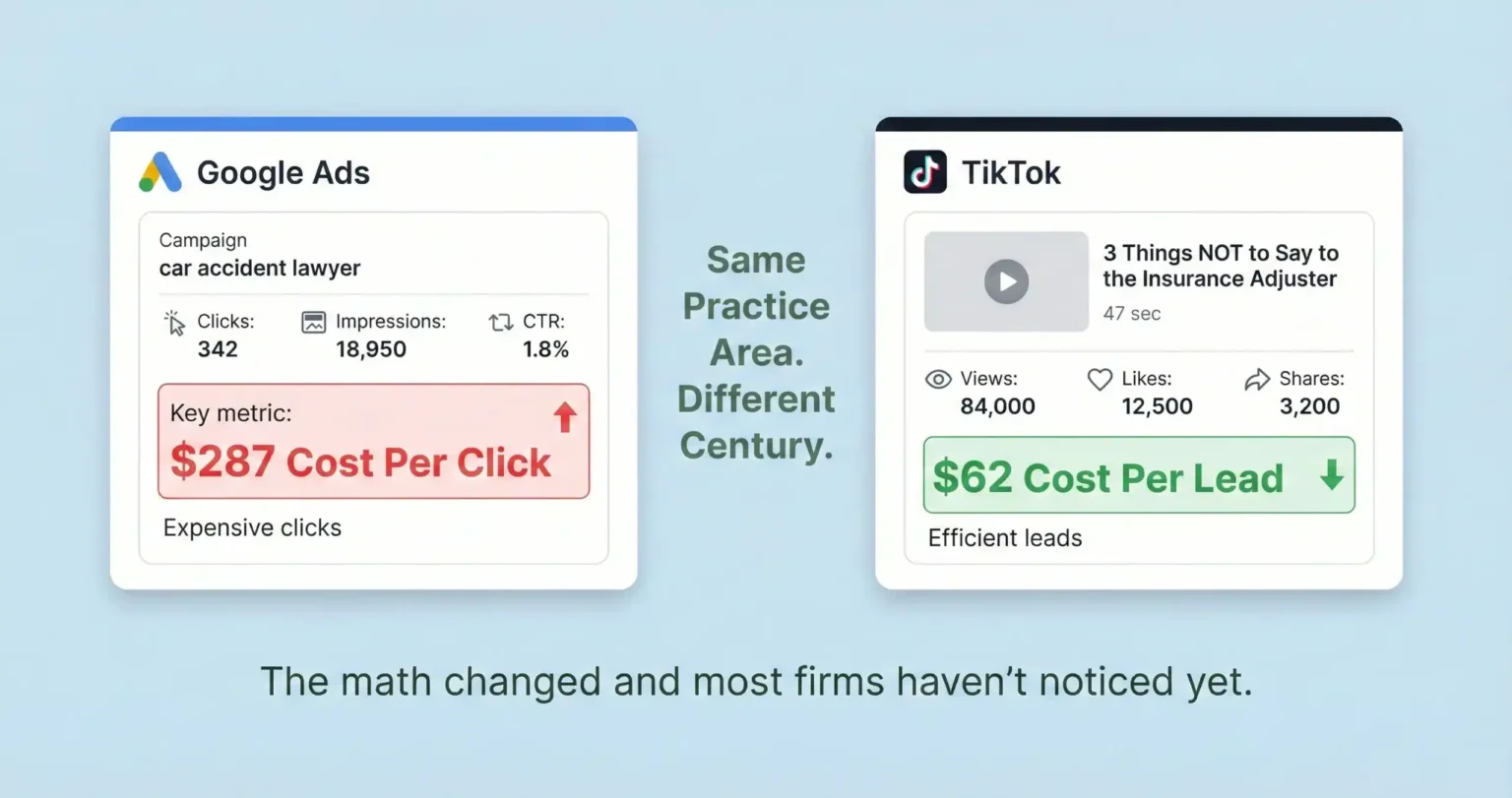 Split-screen comparison showing Google Ads cost per click of $287 for car accident lawyer keywords versus TikTok video generating 84,000 views at $62 cost per lead for the same practice area.