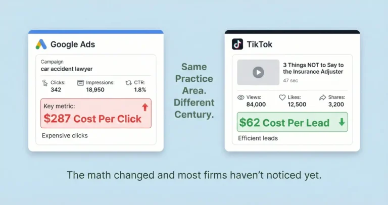 Split-screen comparison showing Google Ads cost per click of $287 for car accident lawyer keywords versus TikTok video generating 84,000 views at $62 cost per lead for the same practice area.