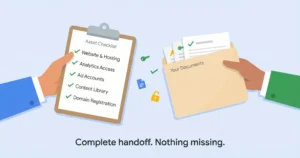 Illustrated handoff moment showing one hand holding a clipboard with a completed asset checklist of green checkmarks and another hand receiving a folder of ownership documents, representing a complete and organized agency transition for law firms.