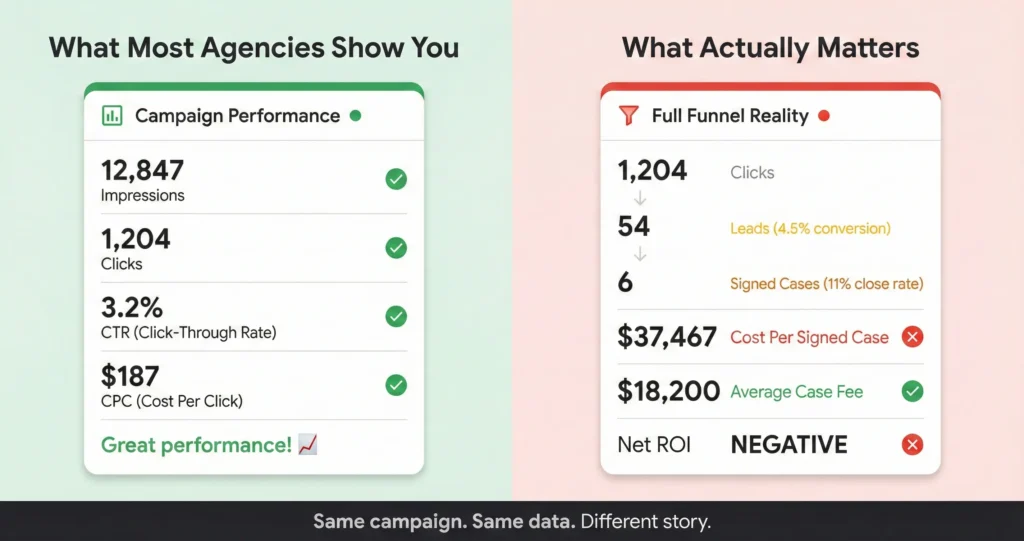 Split-screen comparison showing vanity metrics on the left with 12,847 impressions, 1,204 clicks, 3.2% CTR, and $187 CPC all appearing successful with green checkmarks versus reality metrics on the right tracking the same campaign to 54 leads, 6 signed cases, $37,467 cost per case against $18,200 average fee resulting in negative ROI.