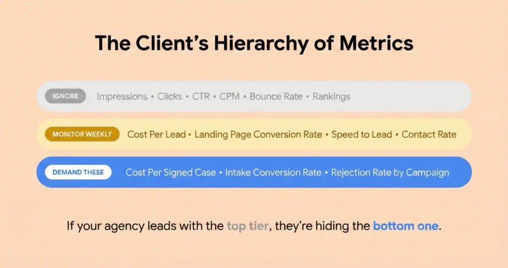 Three-tier metric hierarchy showing which law firm marketing metrics to ignore, which to monitor, and which to demand from your agency, with cost per signed case as the primary metric.