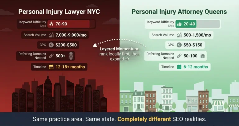 Split comparison showing personal injury lawyer NYC requiring 12-18 months and 500 plus referring domains at keyword difficulty 70-90 versus personal injury attorney Queens requiring 6-12 months and 50-100 referring domains at keyword difficulty 20-40.