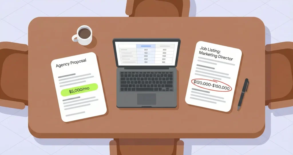 Conference table with agency proposal and in-house job listing side by side next to a laptop showing a cost comparison spreadsheet, representing the law firm marketing agency versus in-house hiring decision.