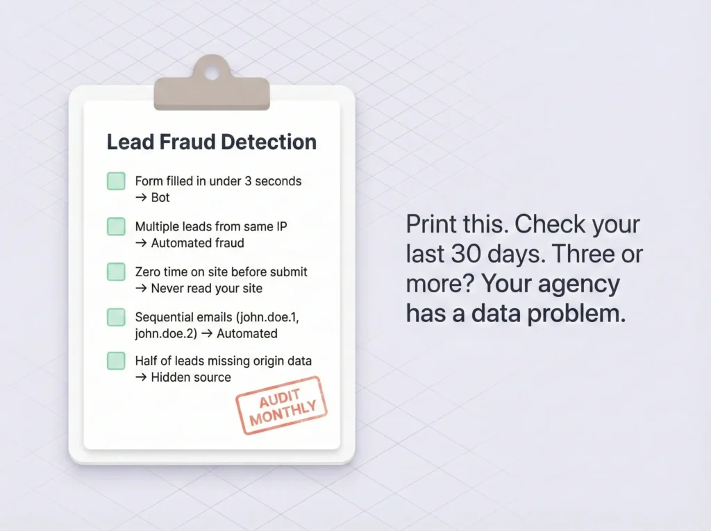 Lead fraud detection checklist on a clipboard with five warning signs including bot form submissions, repeated internet addresses, zero site engagement, sequential email patterns, and missing origin data. 