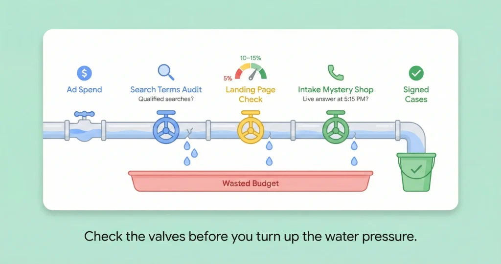 Plumbing-style diagnostic flowchart for law firm marketing showing three audit checkpoints between ad spend and signed cases with leak points representing wasted budget at each stage.