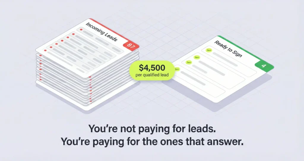 Two stacks of legal marketing lead reports on a desk with red RAW INQUIRY stamps on the large stack and green QUALIFIED stamps on the small stack with a calculator between them showing the cost per signed case.
