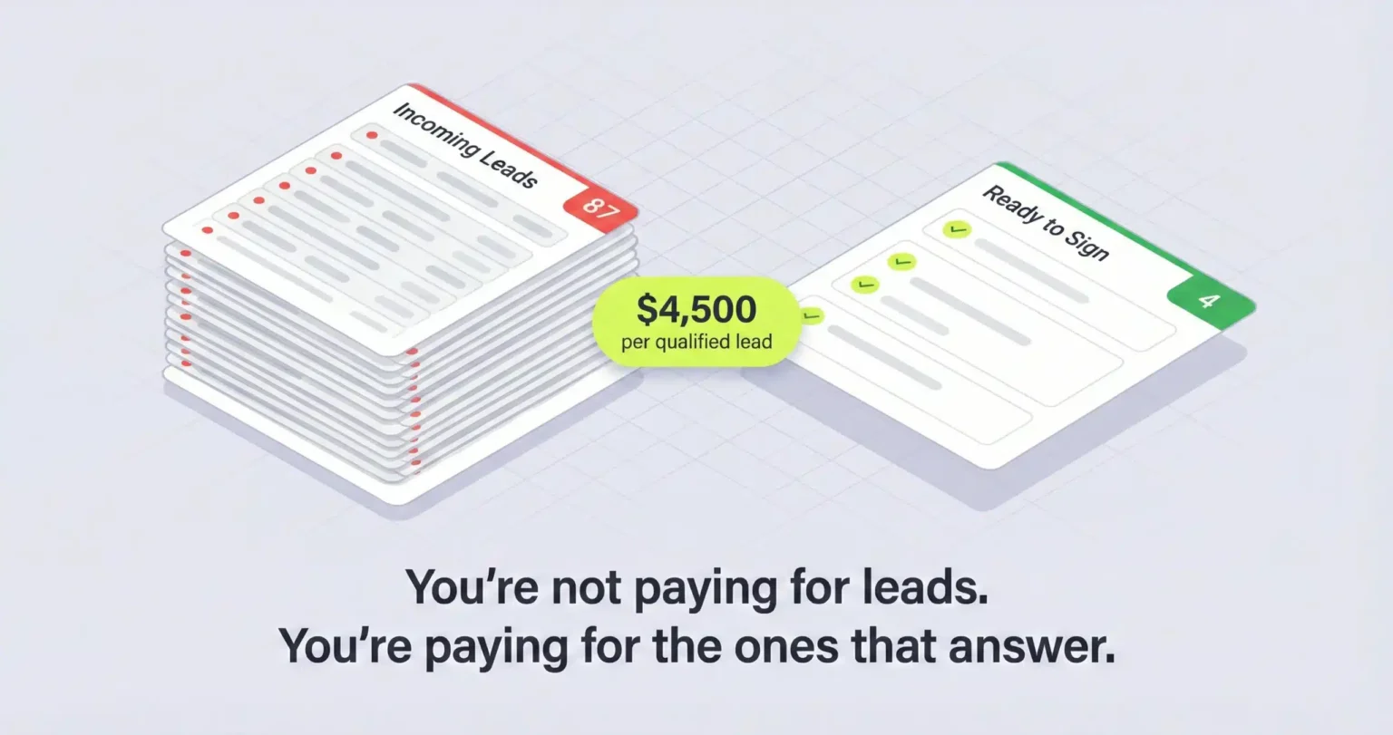 Two stacks of legal marketing lead reports on a desk with red RAW INQUIRY stamps on the large stack and green QUALIFIED stamps on the small stack with a calculator between them showing the cost per signed case.