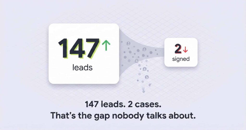 47 leads circled in green next to a red sticky note reading 2 signed cases illustrating the disconnect between agency lead definitions and law firm outcomes.