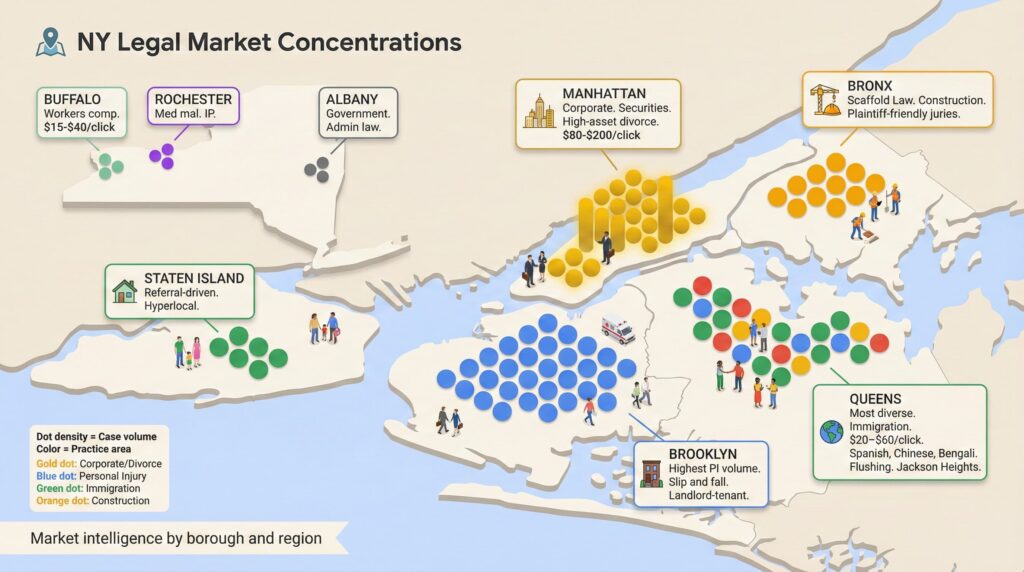 Stylized New York map with colored dot clusters showing case type concentrations and ad costs by borough and upstate market.