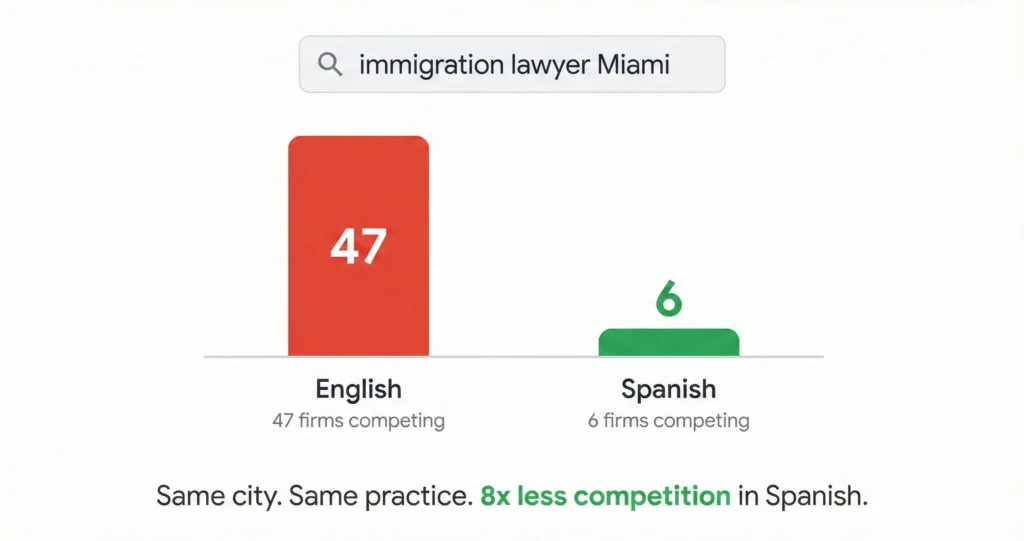 Two vertical bars comparing competitor counts for "immigration lawyer Miami" searches showing 47 firms competing in English represented by a tall red bar versus only 6 firms competing in Spanish represented by a short green bar, illustrating 8x less competition in the Spanish-language market.