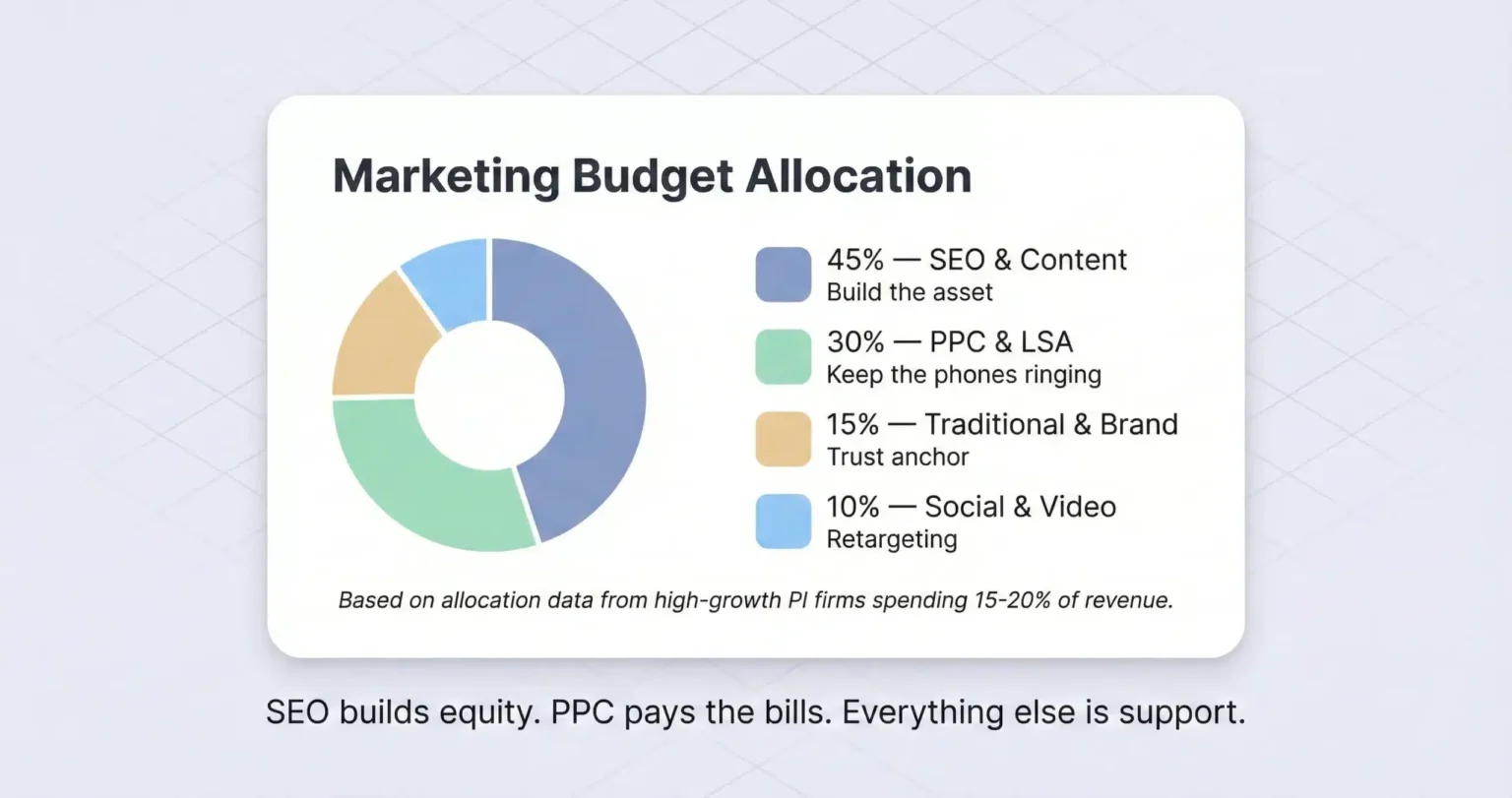 Pie chart showing personal injury law firm marketing budget allocation with 45 percent SEO, 30 percent PPC, 15 percent traditional, and 10 percent social media.