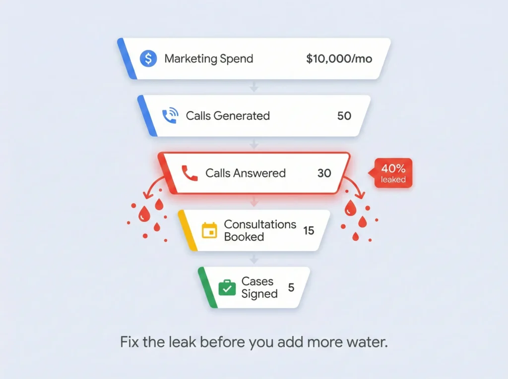Marketing funnel graphic showing law firm lead leakage at the intake step where 40% of calls go unanswered.