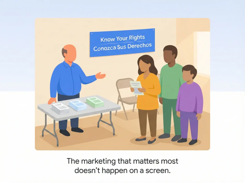 Immigration attorney hosting a Know Your Rights legal clinic at a community center with bilingual materials and a small group of community members.