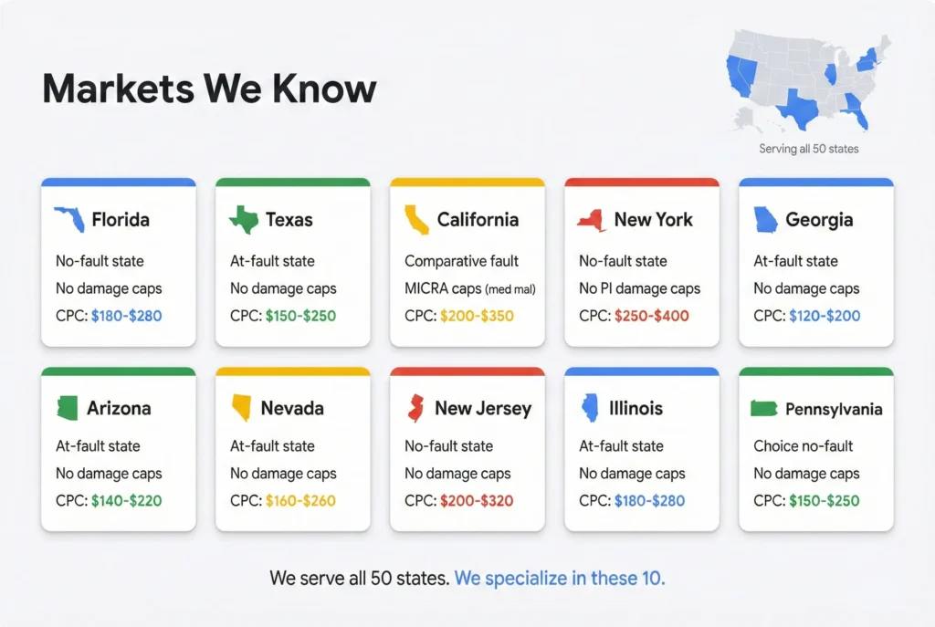Grid of ten state cards showing personal injury marketing data for Florida, Texas, California, New York, Georgia, Arizona, Nevada, New Jersey, Illinois, and Pennsylvania, each displaying fault system, damage caps, and average cost per click, with a small US map in the corner highlighting all ten states and indicating nationwide coverage.