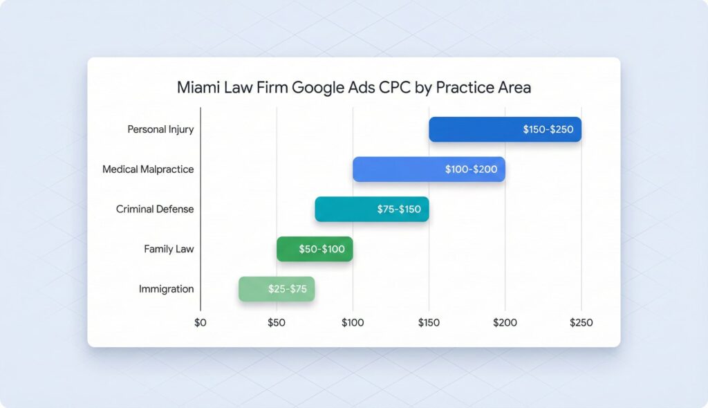Bar chart showing Miami CPC ranges: PI $150-250, Med Mal $100-200, Family $50-100, Criminal $75-150, Immigration $25-75. Alt text: "Miami law firm Google Ads cost-per-click by practice area."