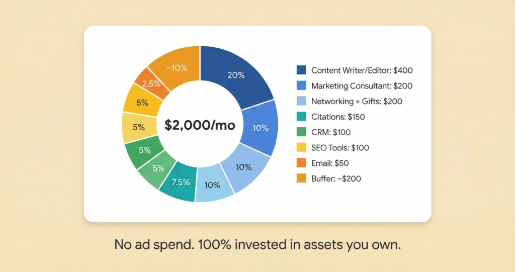 Pie chart showing recommended monthly budget allocation for solo attorney marketing at two thousand dollars per month with zero going to paid advertising and everything invested in organic assets and tools.