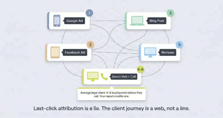 Whiteboard diagram showing the non-linear path of a legal client through 6 to 8 touchpoints across multiple devices before converting, illustrating why single-touch attribution fails for law firm marketing.