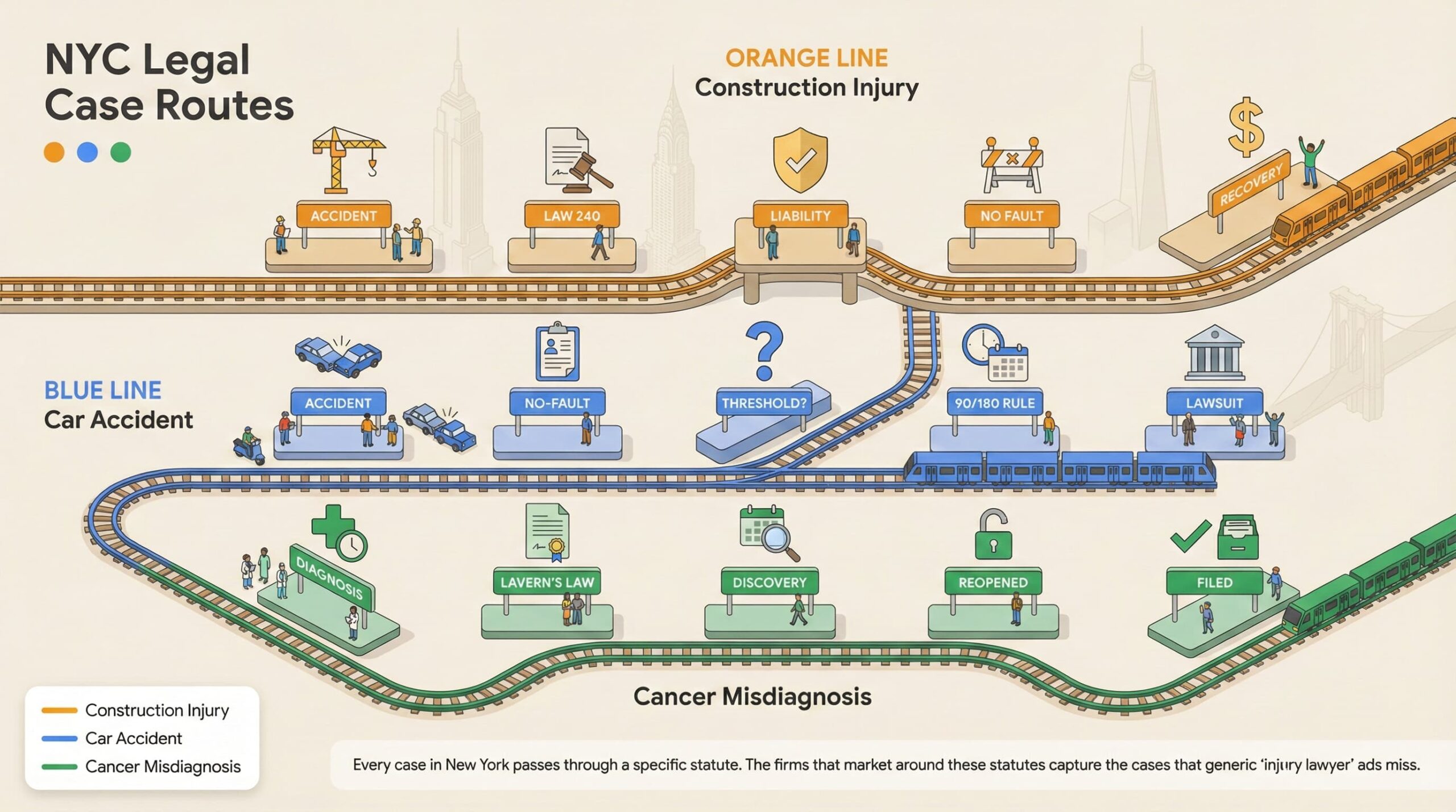 Subway-style route map showing how three types of New York legal cases flow through state-specific statutes that determine case value and viability.