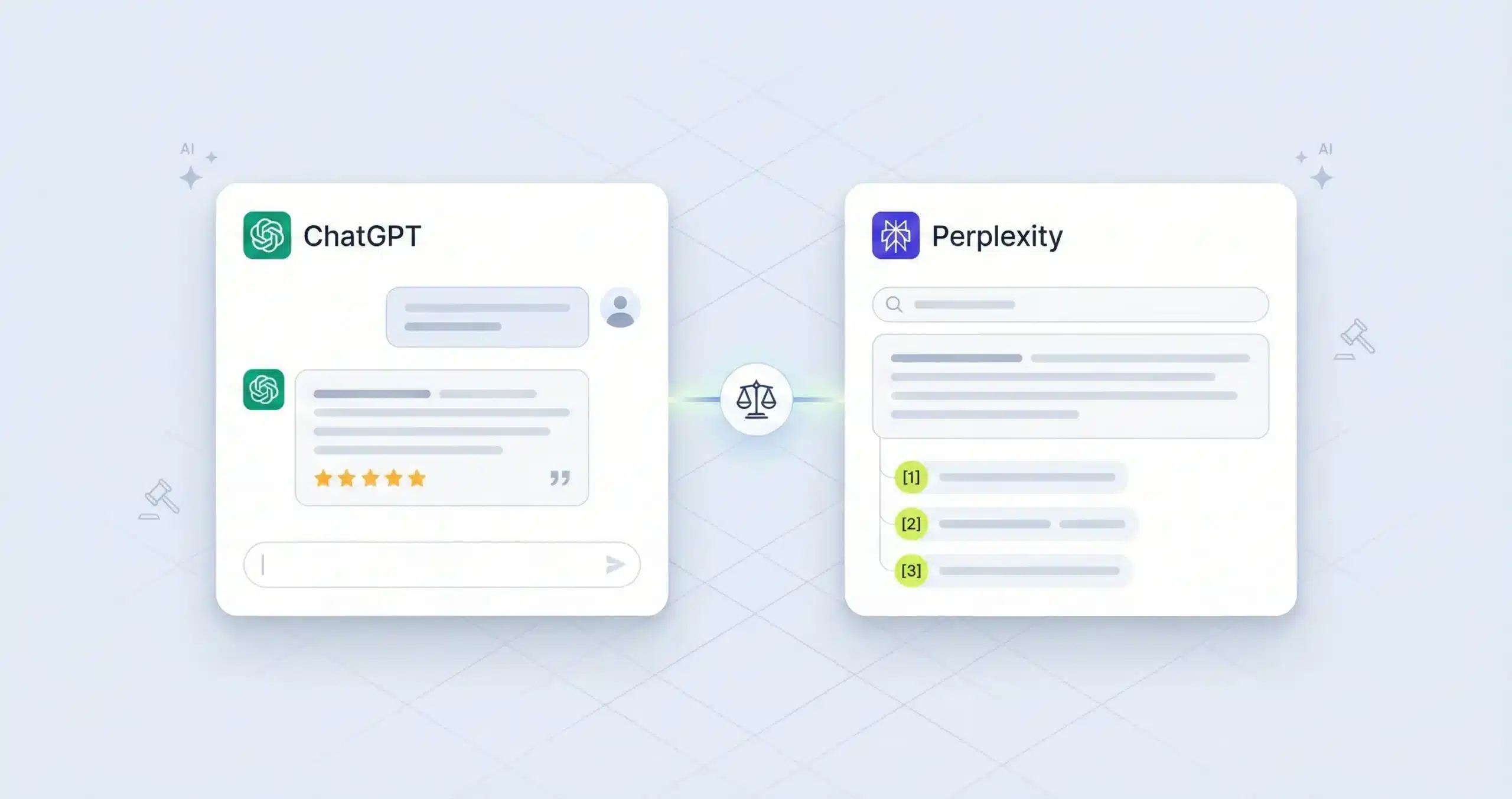 Split screen showing ChatGPT lawyer recommendation on phone and Perplexity search results with citations on laptop in office setting.