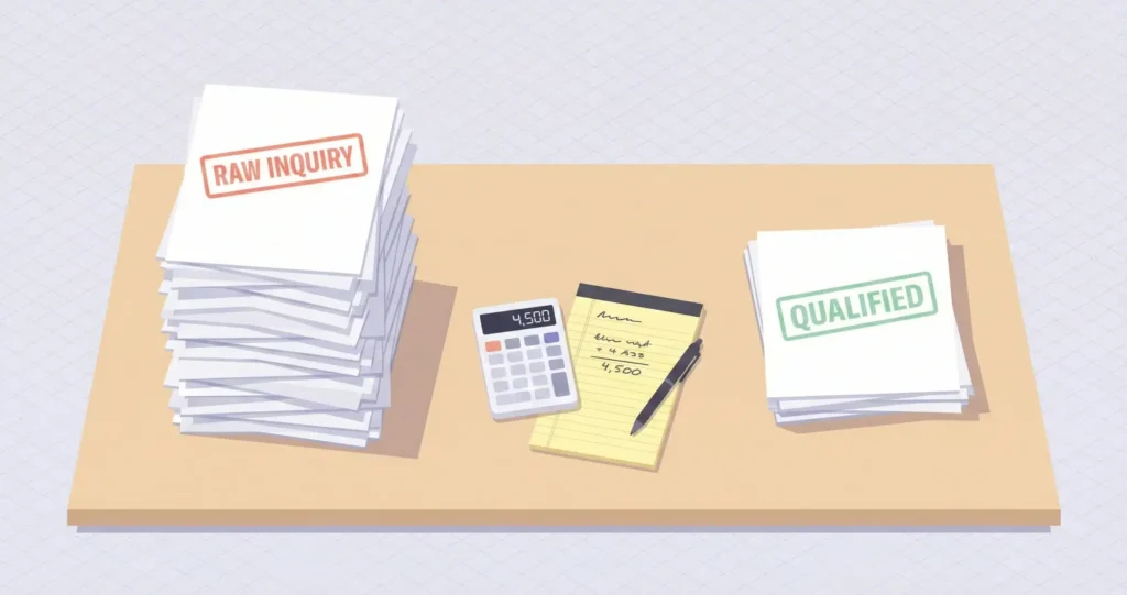 Two stacks of legal marketing lead reports on a desk with red RAW INQUIRY stamps on the large stack and green QUALIFIED stamps on the small stack with a calculator between them showing the cost per signed case.