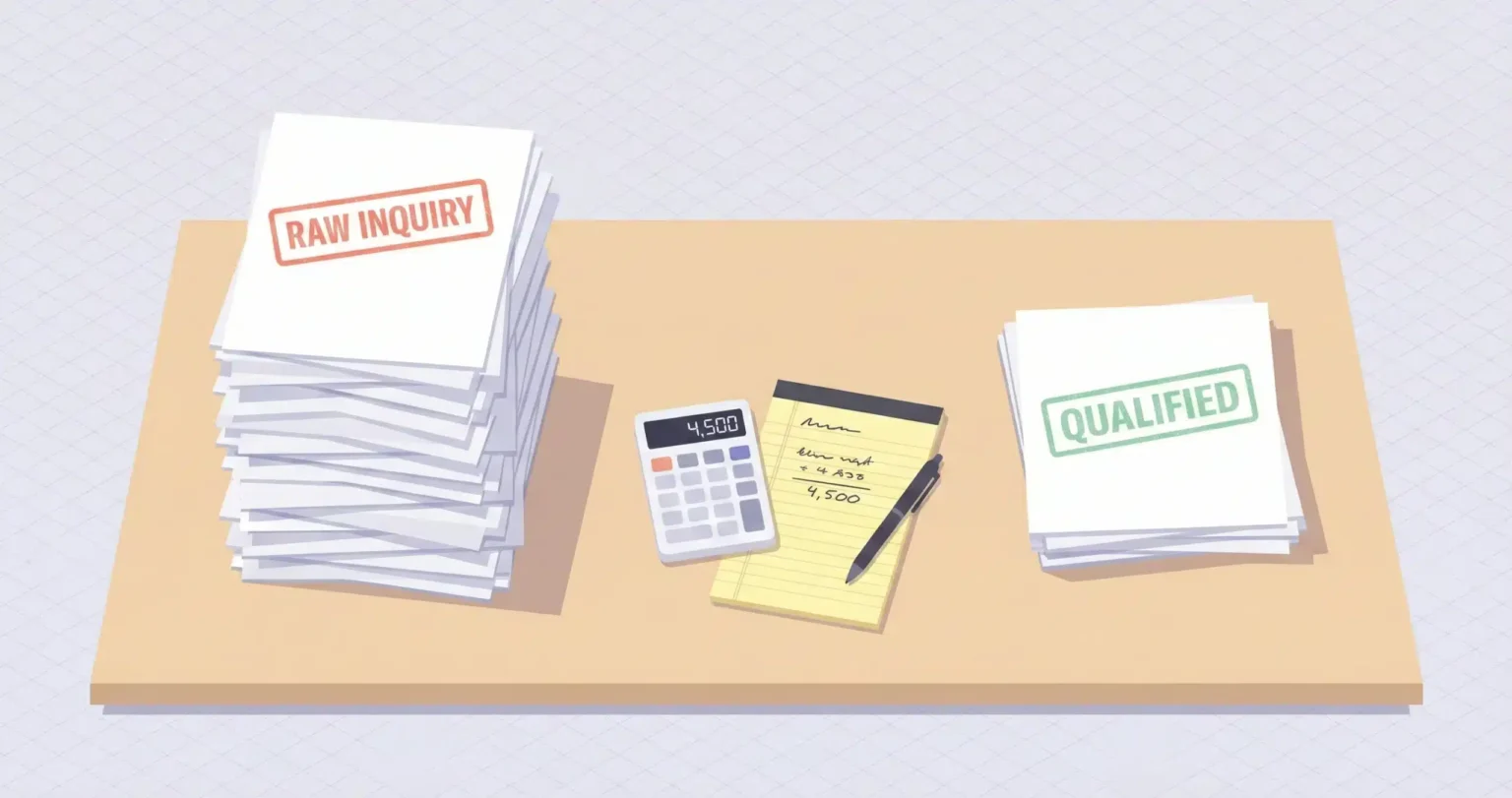 Two stacks of legal marketing lead reports on a desk with red RAW INQUIRY stamps on the large stack and green QUALIFIED stamps on the small stack with a calculator between them showing the cost per signed case.