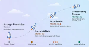 Simplified rocket trajectory showing four phases of Argota's law firm marketing journey from strategic foundation through compounding returns, with stakeholder checkpoints marked along the bottom.