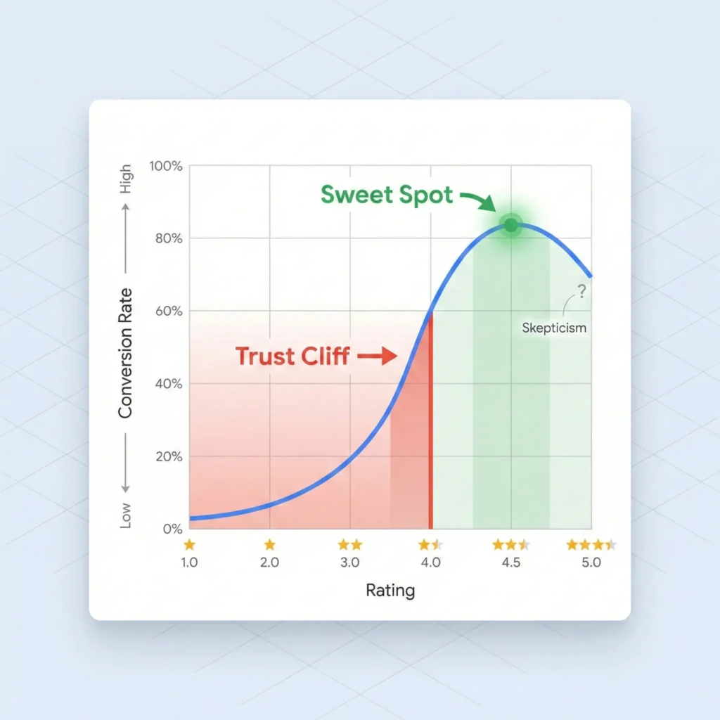 Simple chart showing conversion rate on Y-axis, star rating on X-axis. Curve peaks at 4.2-4.5, drops slightly at 5.0, crashes below 4.0. Label the cliff at 4.0 as "Trust Cliff"