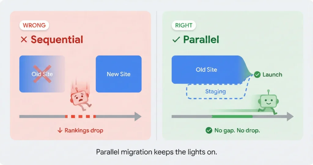 Side-by-side comparison showing sequential website migration with a dangerous ranking gap versus parallel migration with continuous uptime, illustrated with friendly Google-style graphics showing the crawler bot struggling in the gap versus smoothly transitioning.