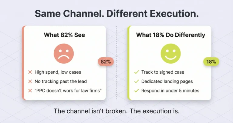 Whiteboard comparison of marketing metrics versus partner financial metrics showing the translation gap between clicks and pipeline value in law firm marketing reporting.