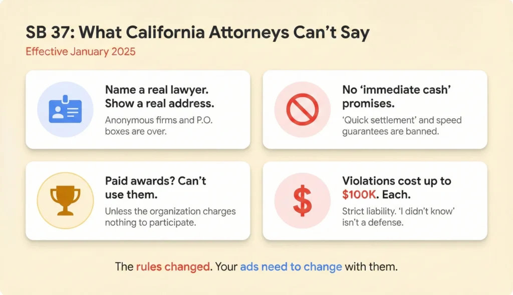 SB 37 compliance quick reference for California attorney advertising showing four floating cards on a warm cream background — card one with blue name badge icon stating ads must name a real lawyer and show a real address, card two with red prohibition icon stating no immediate cash or quick settlement promises, card three with yellow trophy icon stating paid awards cannot be used unless the organization charges no fee, and card four with red dollar sign icon stating violations cost up to $100K each with strict liability.