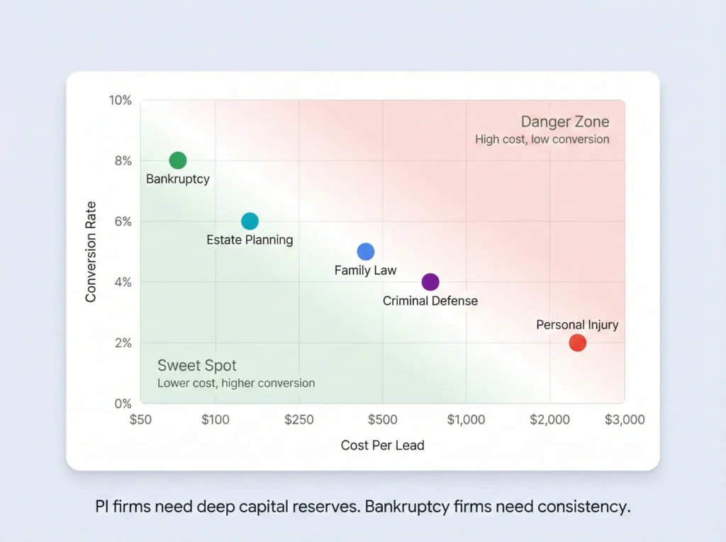 Scatter plot showing law firm marketing cost per lead versus conversion rate by practice area with personal injury as highest cost and lowest conversion and bankruptcy as lowest cost and highest conversion.