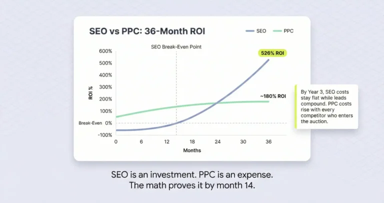 Line chart comparing law firm SEO and PPC return on investment over three years showing SEO crossing break-even at month 14 and reaching 526 percent by year three while PPC delivers steady but lower returns with rising costs.