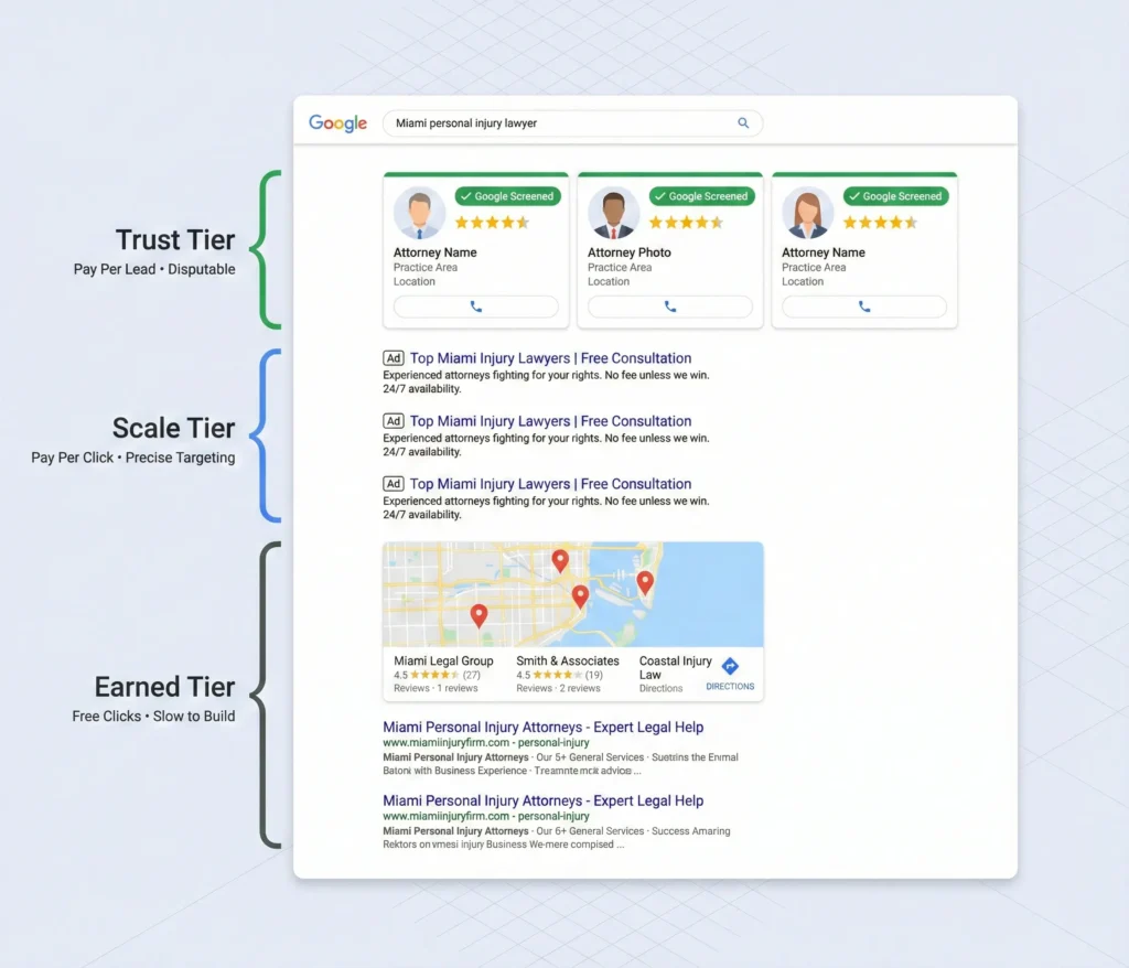 Annotated Google SERP screenshot showing the hierarchy: Position 1-3: Local Services Ads — Photo, stars, "Google Screened" badge. Label: "Trust Tier — Pay Per Lead — Disputable" Position 4-6: Traditional PPC Ads — Text-based, custom messaging. Label: "Scale Tier — Pay Per Click — Precise Targeting" Position 7+: Map Pack & Organic — Local listings and SEO results. Label: "Earned Tier — Free Clicks — Slow to Build" Alt text: "Google search results page hierarchy showing LSA ads at top, PPC ads below, then Map Pack and organic results for Miami lawyer searches."