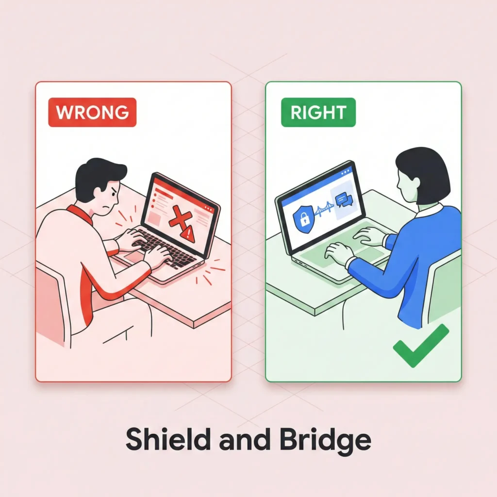 Two-panel comparison. Left panel labeled "WRONG" shows angry lawyer typing detailed response revealing case details. Right panel labeled "RIGHT" shows calm professional response with generic language. Caption: "Shield and Bridge"