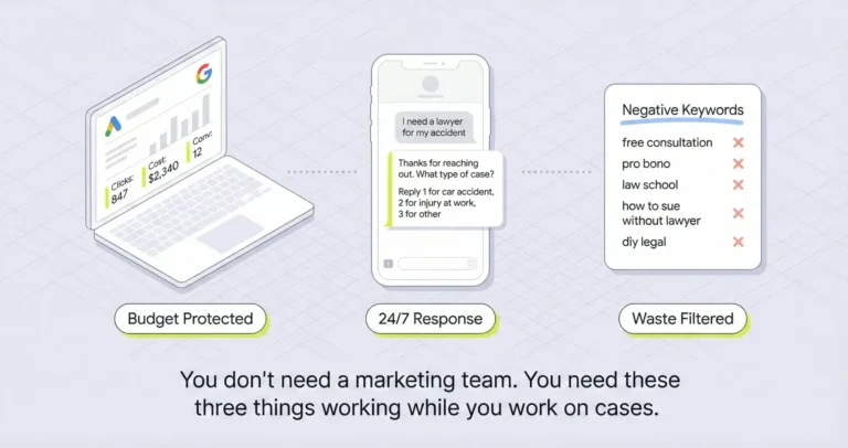 Google Ads dashboard on laptop, automated text reply on phone screen, and legal pad showing negative keyword list for budget protection.