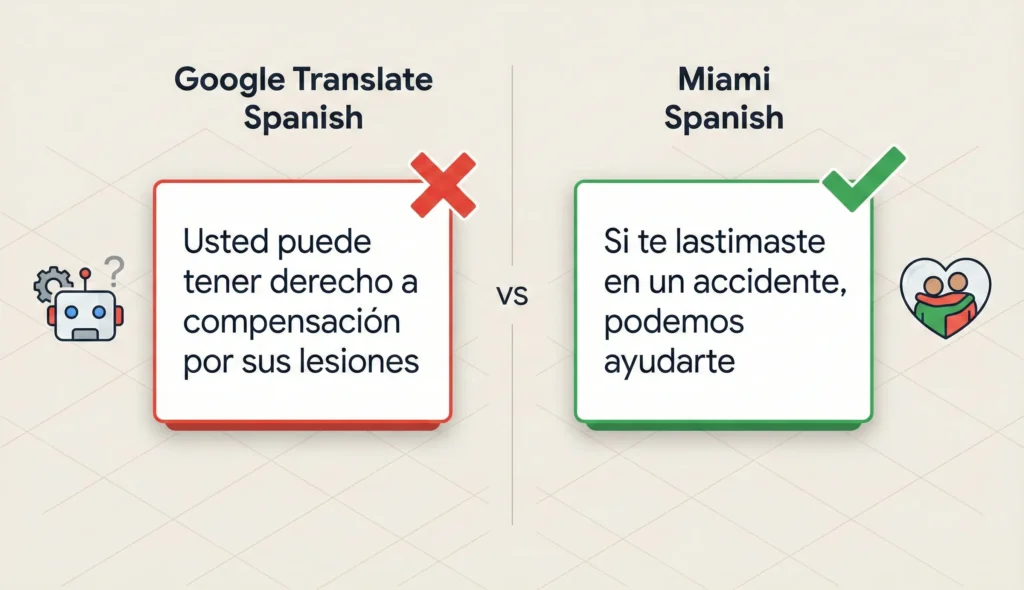 Side-by-side comparison graphic. Left side labeled "Google Translate Spanish" showing awkward legal text like "Usted puede tener derecho a compensación por sus lesiones" with red X. Right side labeled "Miami Spanish" showing natural copy like "Si te lastimaste en un accidente, podemos ayudarte" with green checkmark. Alt text: "Comparison of Google Translate Spanish versus native Miami Spanish for law firm websites.