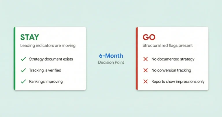 Decision framework graphic showing when to be patient with a law firm marketing agency versus when to fire them, split into stay and go criteria at the six month evaluation point.