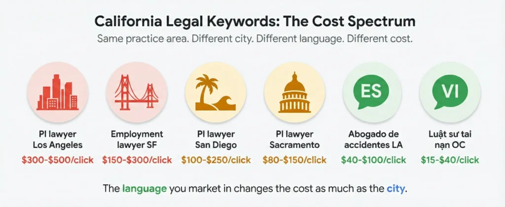 Six icons showing cost per click variation across California markets and languages — downtown LA skyline for PI lawyer Los Angeles at $300-$500 per click in red, Golden Gate Bridge for employment lawyer SF at $150-$300 per click in red, palm tree for PI lawyer San Diego at $100-$250 per click in amber, capitol building for PI lawyer Sacramento at $80-$150 per click in amber, speech bubble with ES for Spanish keyword abogado de accidentes LA at $40-$100 per click in green, and speech bubble with VI for Vietnamese keyword luật sư tai nạn OC at $15-$40 per click in green, demonstrating that the language you market in changes the cost as much as the city you target.