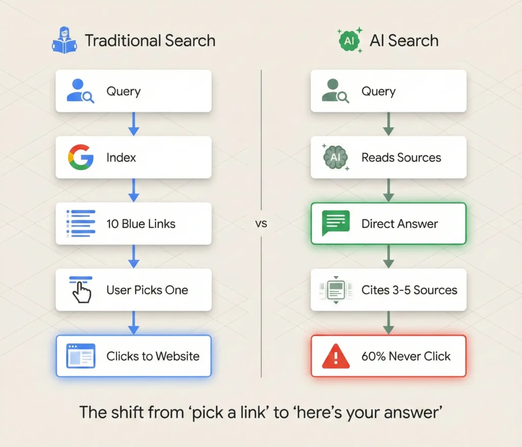 Side-by-side comparison diagram. Left side labeled "Traditional Search (Librarian)" showing: User Query → Google Index → 10 Blue Links → User Picks One → Clicks to Website. Right side labeled "AI Search (Consultant)" showing: User Query → AI Reads Multiple Sources → Generates Direct Answer → Cites 3 to 5 Sources in Carousel → 60% Never Click. Use simple flowchart style, Argota brand colors. Caption: "The shift from 'pick a link' to 'here's your answer' is why traditional SEO alone isn't enough anymore." Alt text: Comparison flowchart showing how traditional Google search returns 10 blue links versus how AI search generates a direct answer citing 3 to 5 sources.
