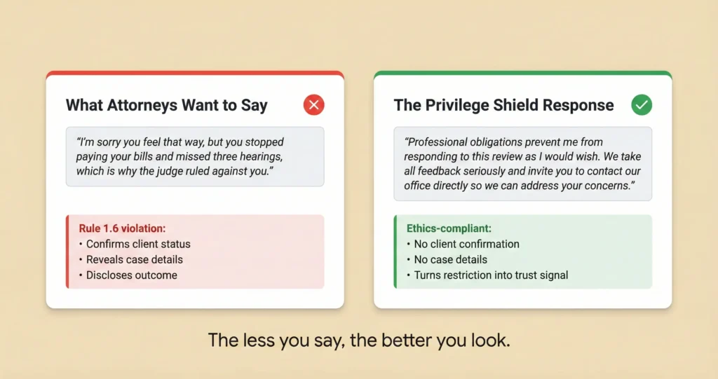 Side-by-side comparison of a confidentiality-violating Google review response versus the ethics-compliant Privilege Shield response for lawyers.