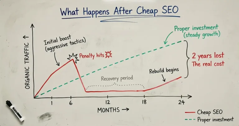 Whiteboard-style line chart showing organic traffic collapse after cheap SEO engagement with Google penalty at month five versus steady growth from proper investment, illustrating two years of lost progress for law firm marketing.