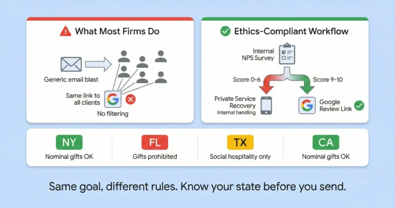 l infographic covering lawyer Google review ethics by state showing solicitation rules for New York Florida Texas and California, NPS-gated review workflow, and Privilege Shield response strategy for negative reviews.