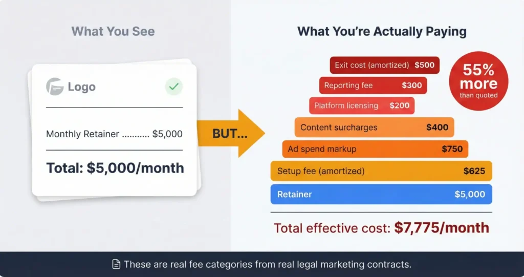 Infographic comparing the visible $5,000 monthly retainer against the actual $7,775 effective monthly cost including seven hidden fee categories totaling 55 percent more than the quoted price.