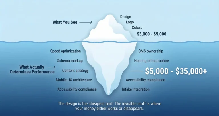 Iceberg diagram showing visible law firm website design costs above water versus hidden performance infrastructure costs below the waterline that determine whether the site generates clients.