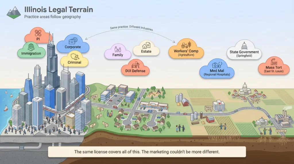 Terrain cross-section illustration showing how Illinois practice areas cluster geographically between Chicago, collar counties, and downstate.
