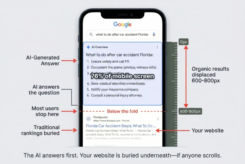 Annotated screenshot of Google AI Overview for car accident legal query showing organic results displaced 600 to 800 pixels below the fold with 76 percent of mobile viewport consumed by AI answer.