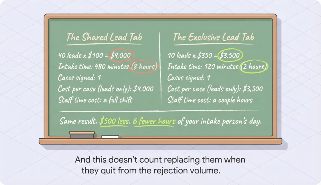 Two-column receipt-style comparison showing shared leads costing $4,000 per case with 8 hours intake time versus exclusive leads costing $3,500 per case with 2 hours intake time. 