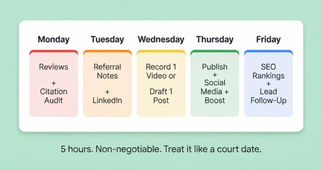 Five day weekly marketing schedule for solo attorneys showing one hour of specific marketing tasks per day from Monday through Friday.