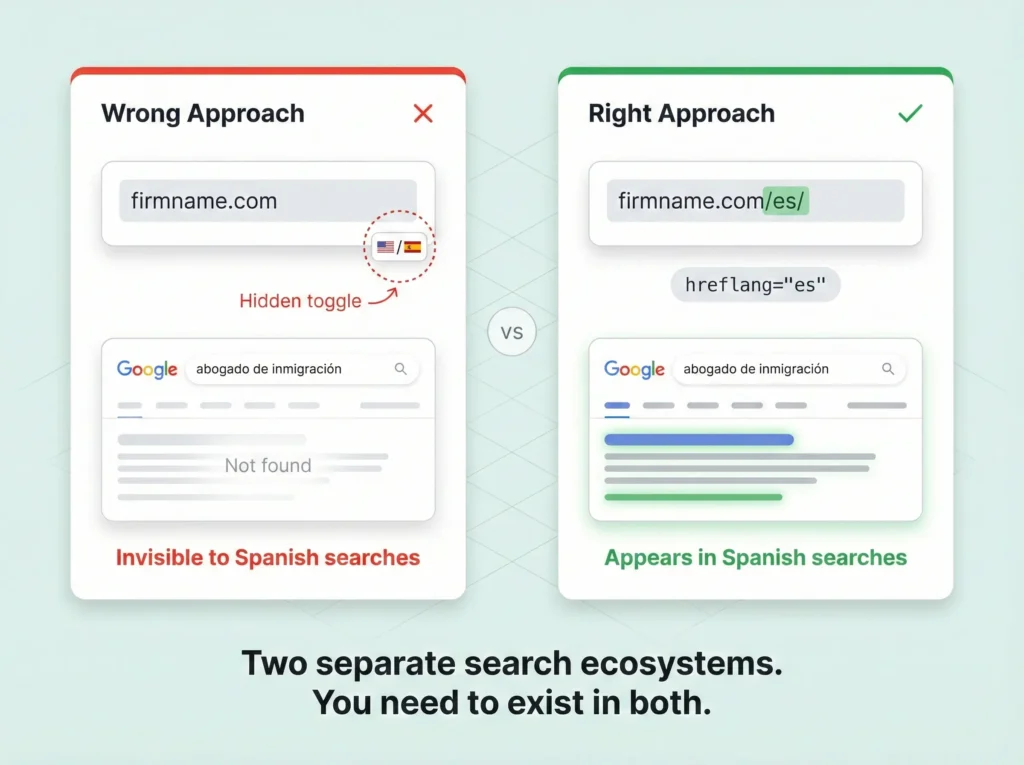 Side-by-side comparison of incorrect bilingual website implementation using a flag dropdown versus correct implementation using Spanish subdirectories with hreflang tags.