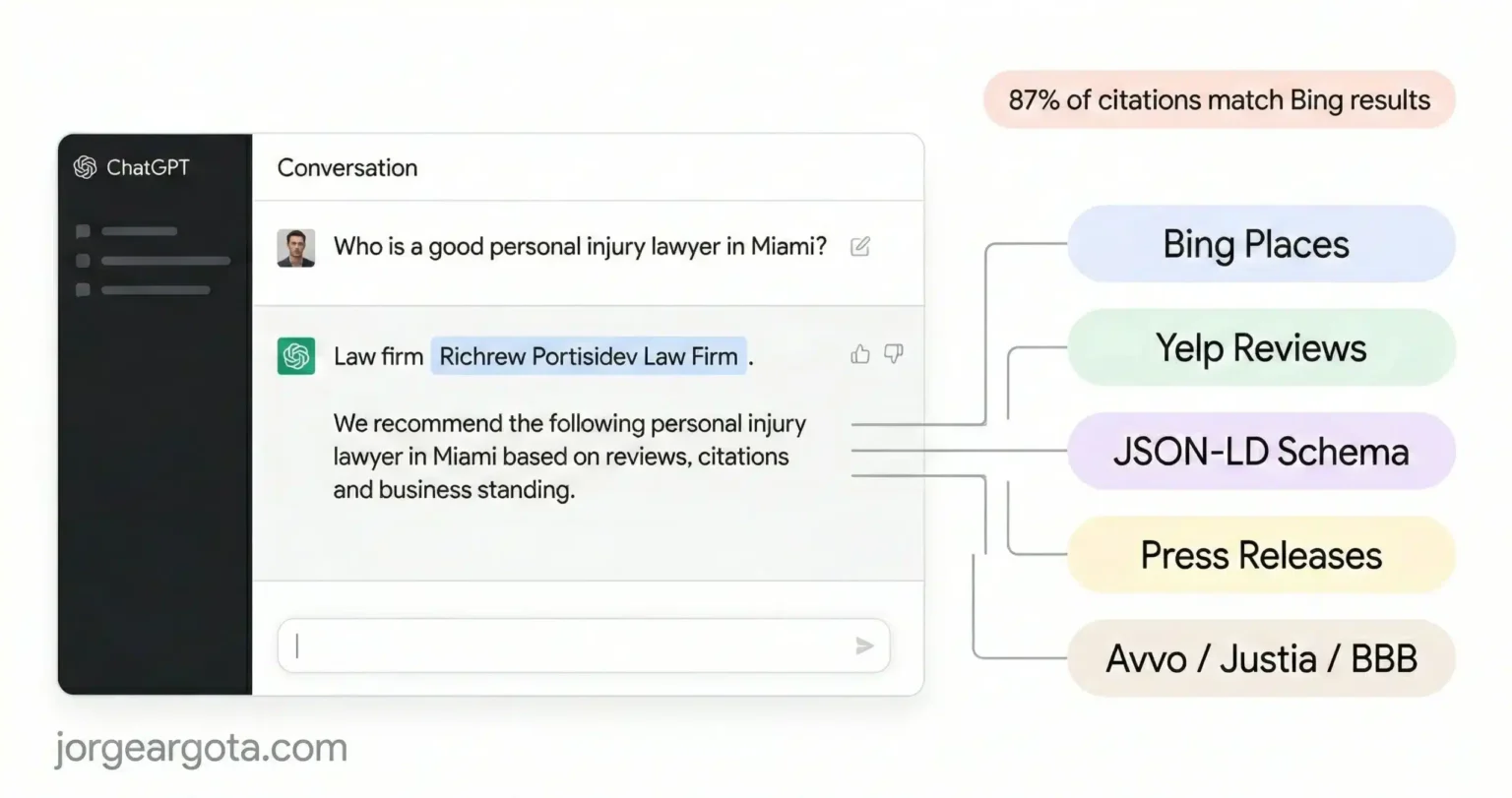 Diagram showing how ChatGPT generates law firm recommendations by pulling data from Bing Places, Yelp Reviews, JSON-LD Schema, Press Releases, and legal directories like Avvo Justia and BBB